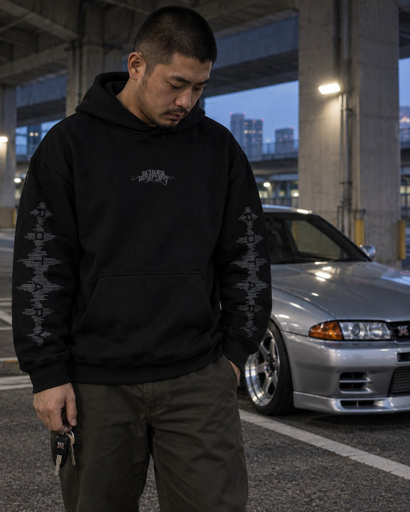 ECHOES 001 REVENANT HOODIE - BLACK (on model, men's L)