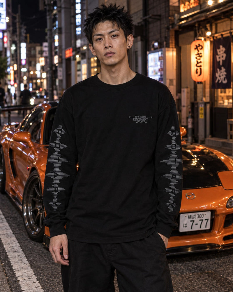 ECHOES 001 REVENANT LONG SLEEVE TEE - BLACK (on model, men's L)