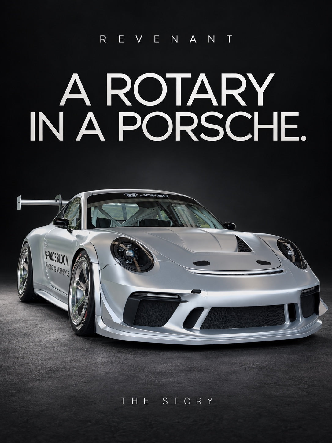 REVENANT story poster with the silver Porsche and the words A rotary in a Porsche