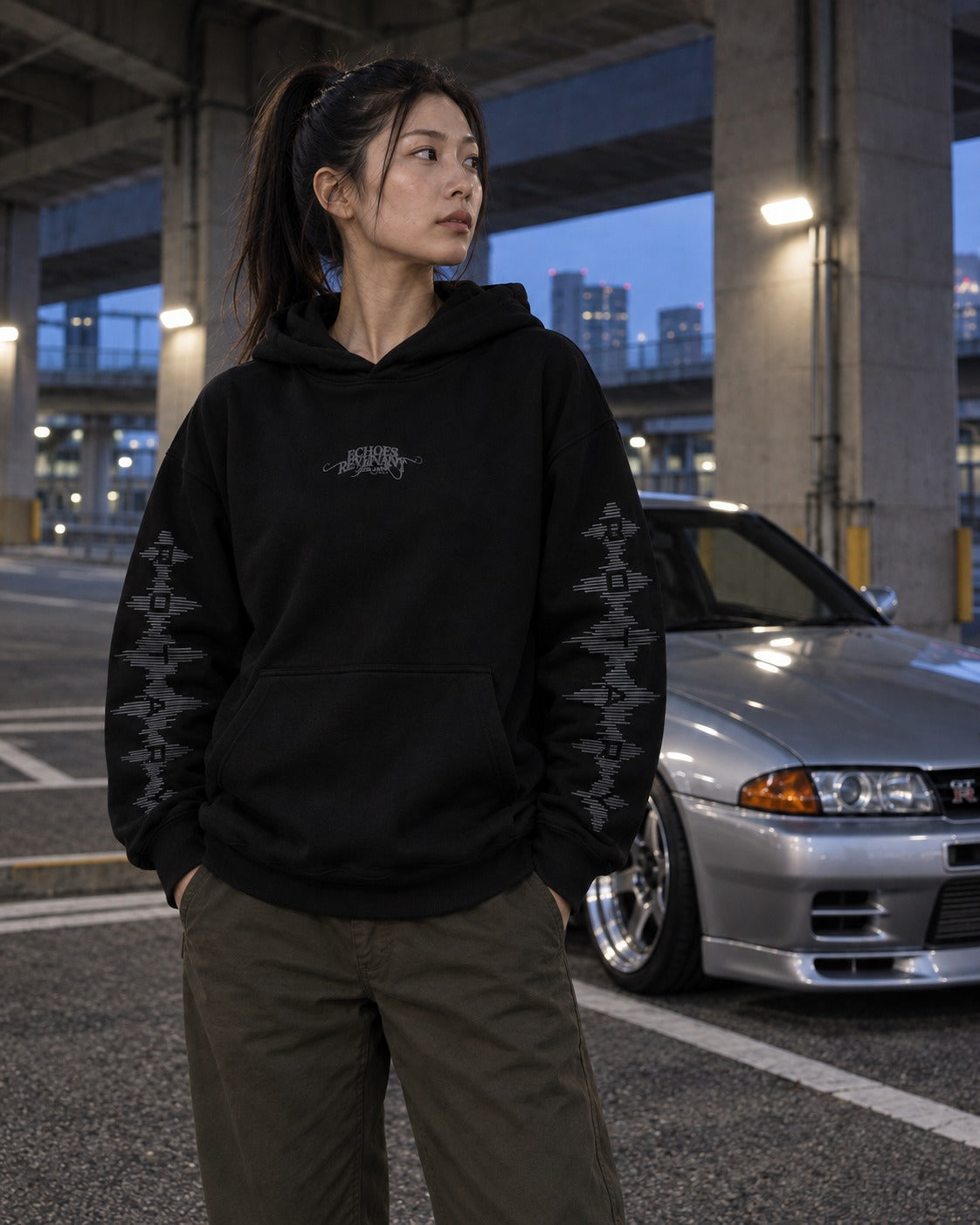 ECHOES 001 REVENANT HOODIE - BLACK (on model, women's S)