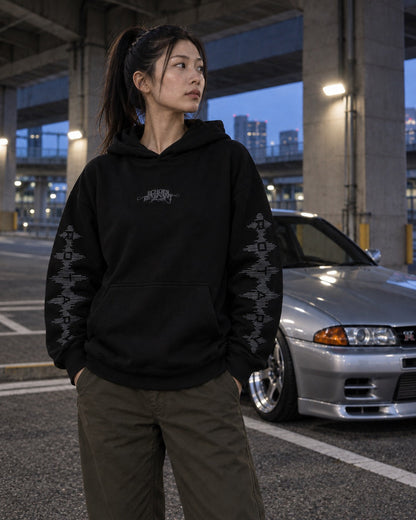 ECHOES 001 REVENANT HOODIE - BLACK (on model, women's S)