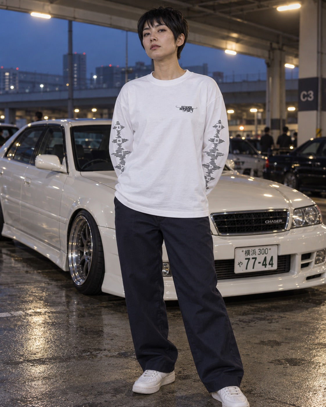ECHOES 001 REVENANT LONG SLEEVE TEE - WHITE (on model, women's S)