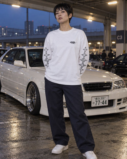 ECHOES 001 REVENANT LONG SLEEVE TEE - WHITE (on model, women's S)
