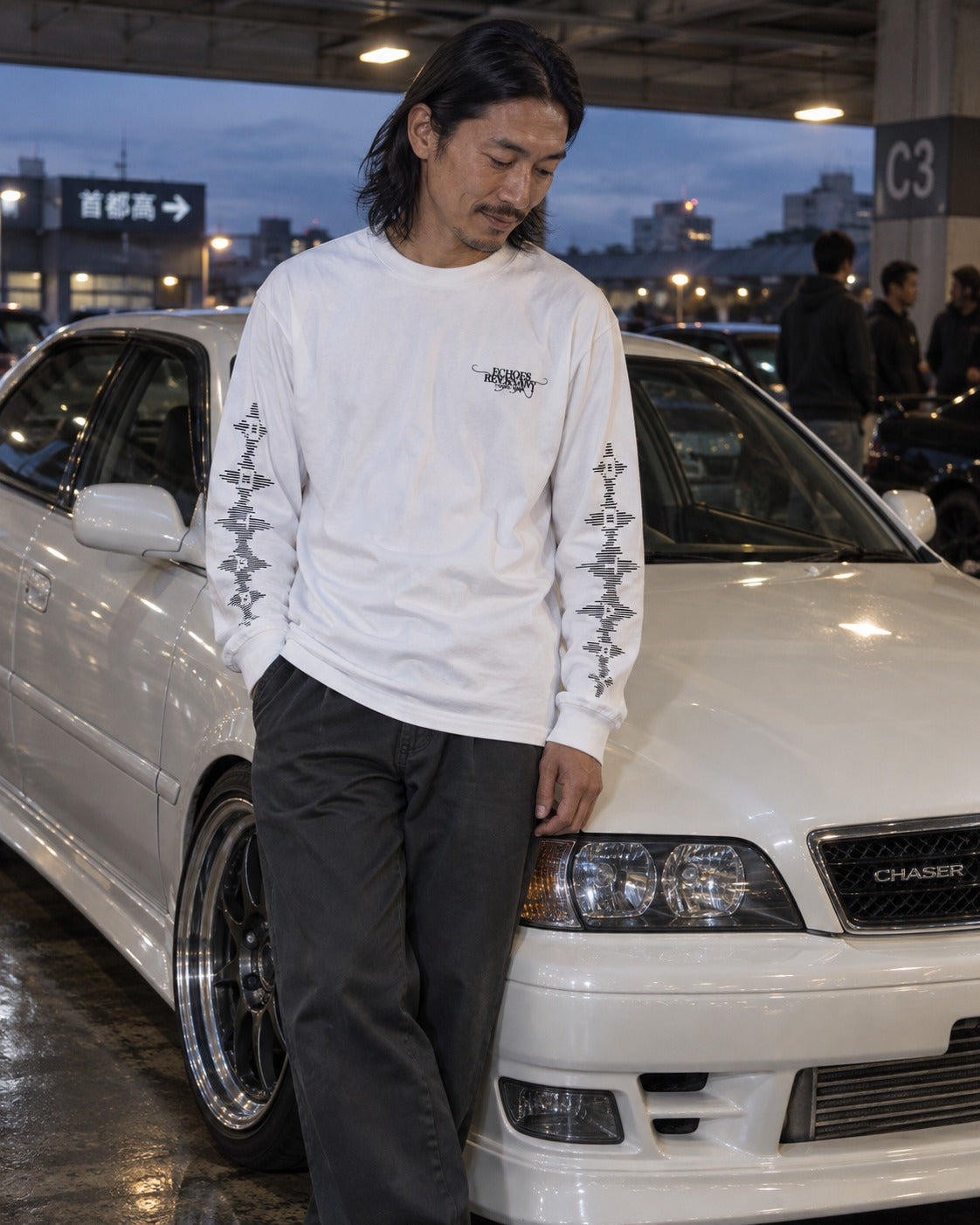ECHOES 001 REVENANT LONG SLEEVE TEE - WHITE (on model, men's L)
