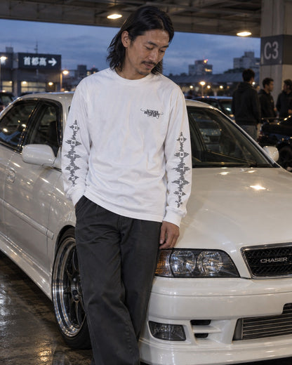 ECHOES 001 REVENANT LONG SLEEVE TEE - WHITE (on model, men's L)