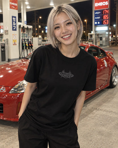 ECHOES 001 REVENANT TEE - BLACK (on model, women's S)