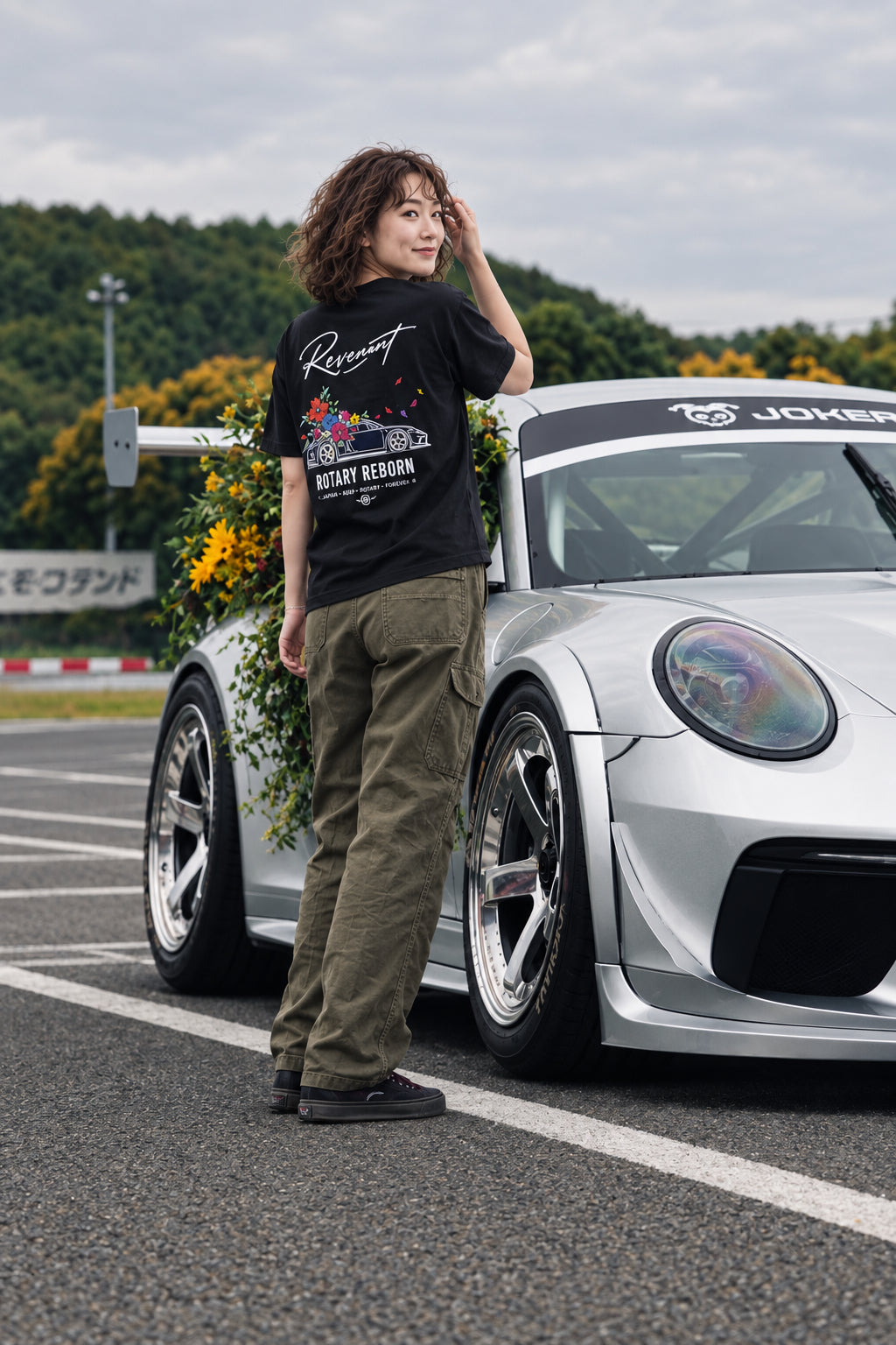 ECHOES REVENANT ROTARY REBORN TEE - BLACK (on model, women's S, with REVENANT)